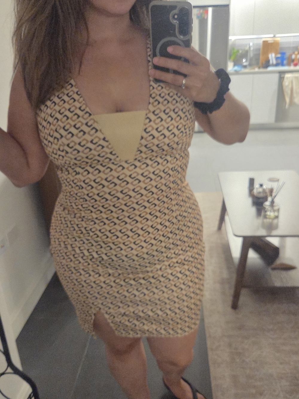 Sleeveless V-Neck Patterned Bodycon Dress in Beige
